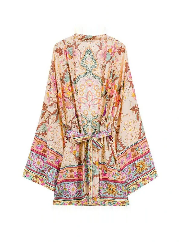 Short Length With Floral Print Pink Color Cotton Gown Kimono Duster Robe