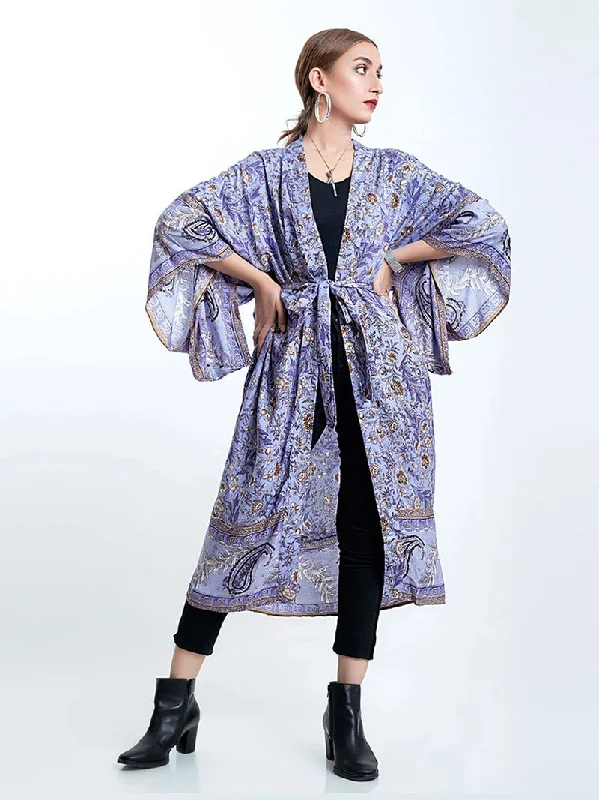 Partywear Floral With Birds Print Purple Color Cotton Long Length Gown Kimono Duster Robe