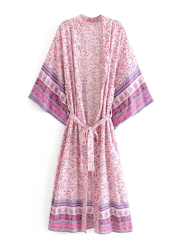 Beachwear Floral Print Pink & Blue Color Cotton Long Length Gown Kimono Duster Robe