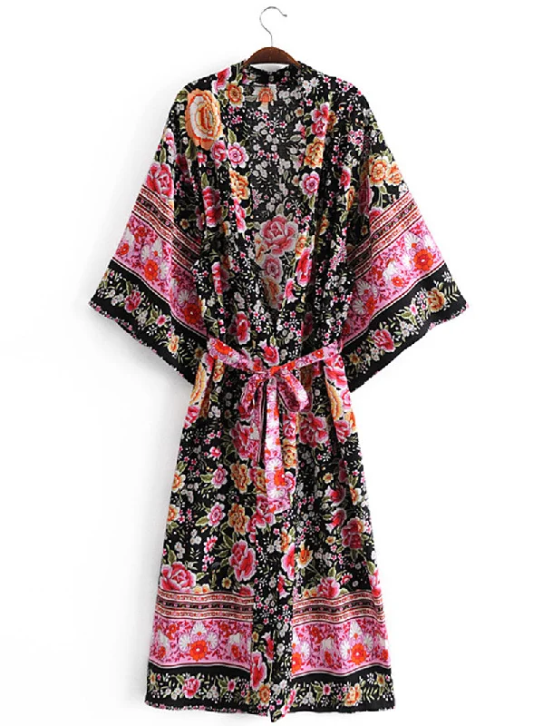 Partywear Floral Print Black Color Cotton Long Length Gown Kimono Duster