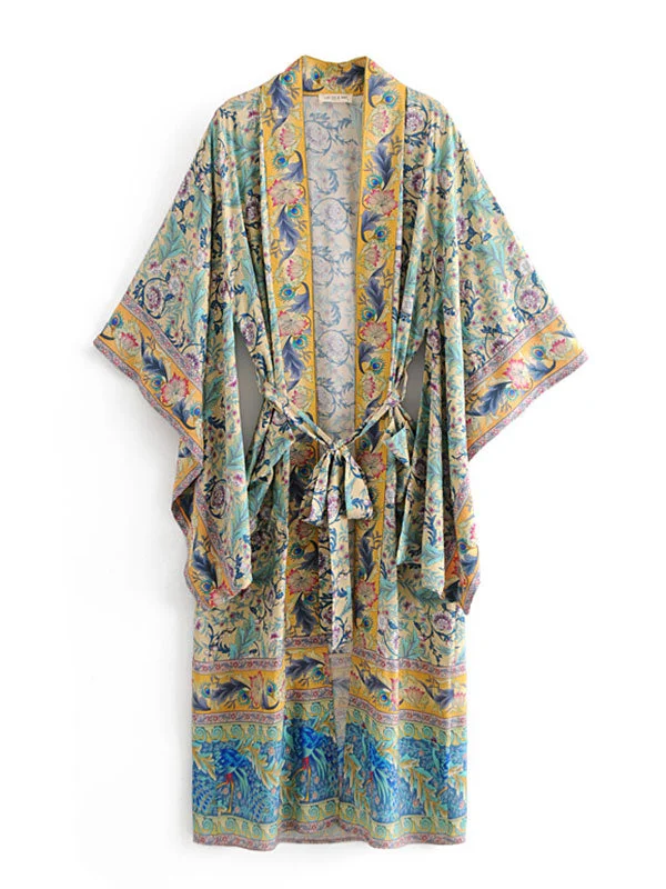 Women's Long Kimono Floral Print Green Color Cotton Viscose Long Length Gown Kimono Duster Robe