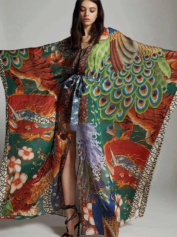 Partywear Peacock Print Polyester Long Kimono Duster