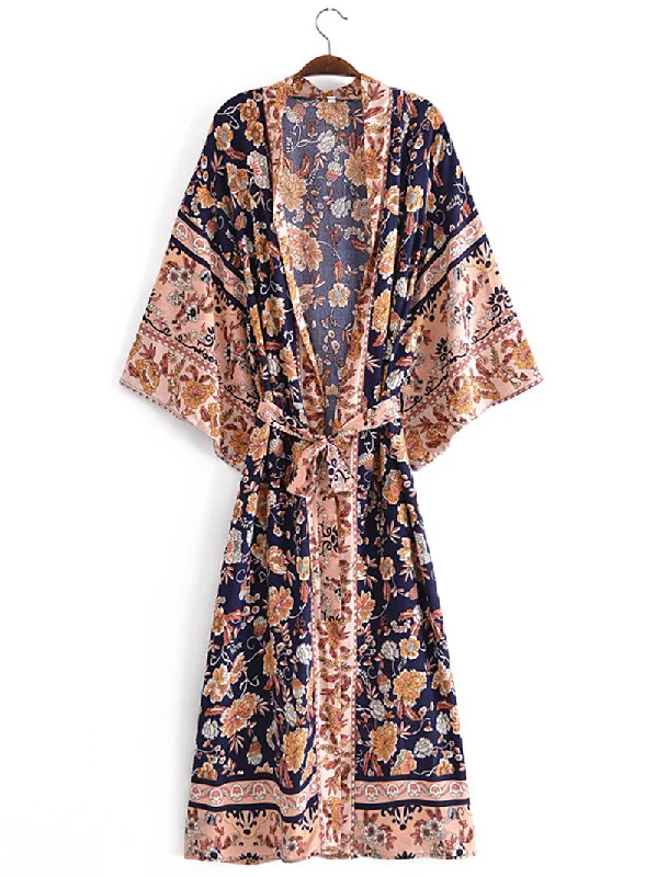 Beachwear Floral Print Black Color Cotton Long Length Gown Kimono Duster Robe