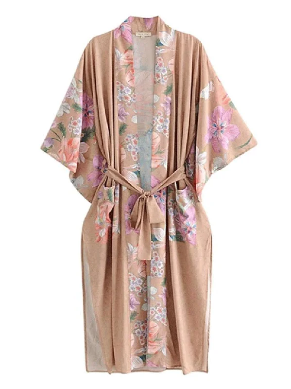 Partywear Cotton, Viscose & Silk Mix  Peacock King Floral & Bird Print Camel Color Long Length Gown Kimono Duster Robe