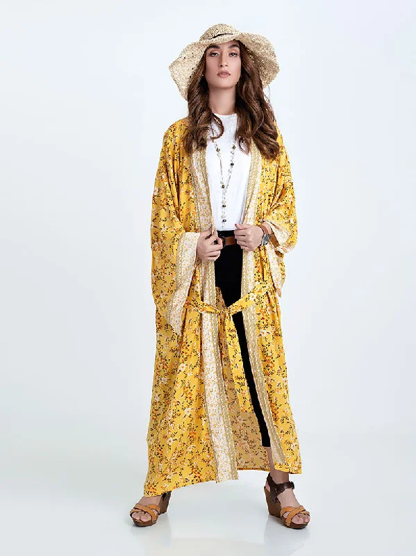 Bridal Party Wear Floral Print Yellow Color Cotton Long Length Gown Robe Kimono