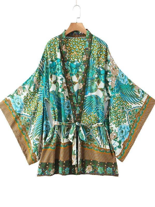 Women's Kimono Floral Birds Print Green Color Cotton Short Length Gown Kimono