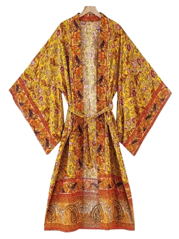 Nightwear Cotton Long Length Floral Print Yellow Color Gown Kimono Duster Robe